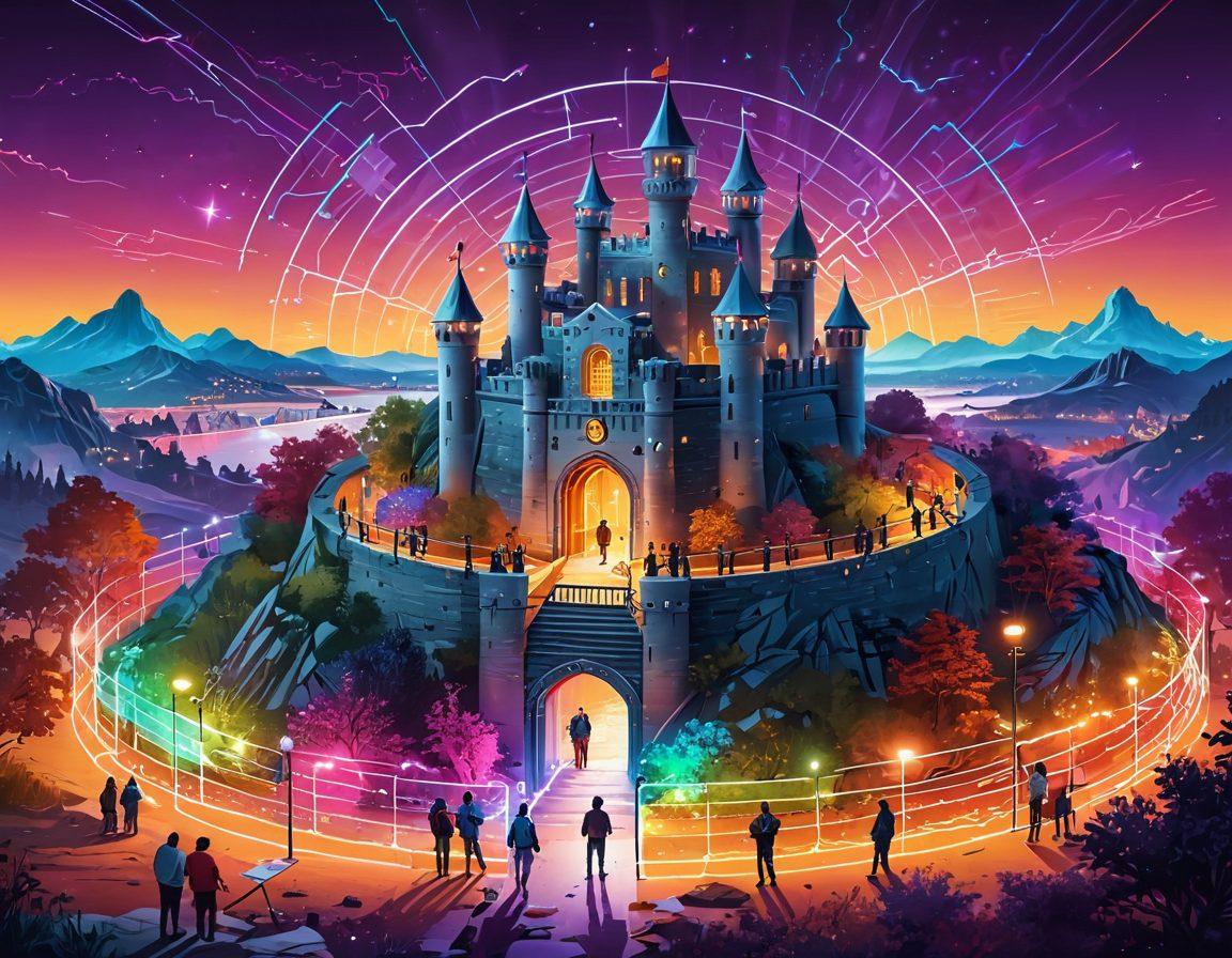 A digital illustration of a secure digital fortress surrounded by a vibrant landscape, symbolizing a closed community with gates that feature a lock, and diverse people collaborating inside the fortress showcasing a sense of secrecy and inclusion. In the background, a glowing network of connections outside the fortress represents the outer world. super-realistic. vibrant colors. white background.