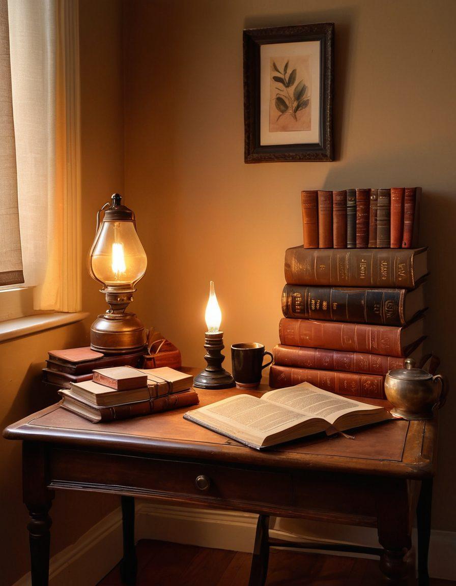 A serene, dimly lit room with a vintage wooden desk, surrounded by stacks of leather-bound journals and a warm glowing lamp. A person is thoughtfully writing in an open journal, with a steaming cup of tea nearby. Soft shadows cast by the lamp create a cozy atmosphere, symbolizing privacy and introspection. The walls are adorned with framed art pieces that evoke creativity. warm colors. digital painting. cozy ambiance.