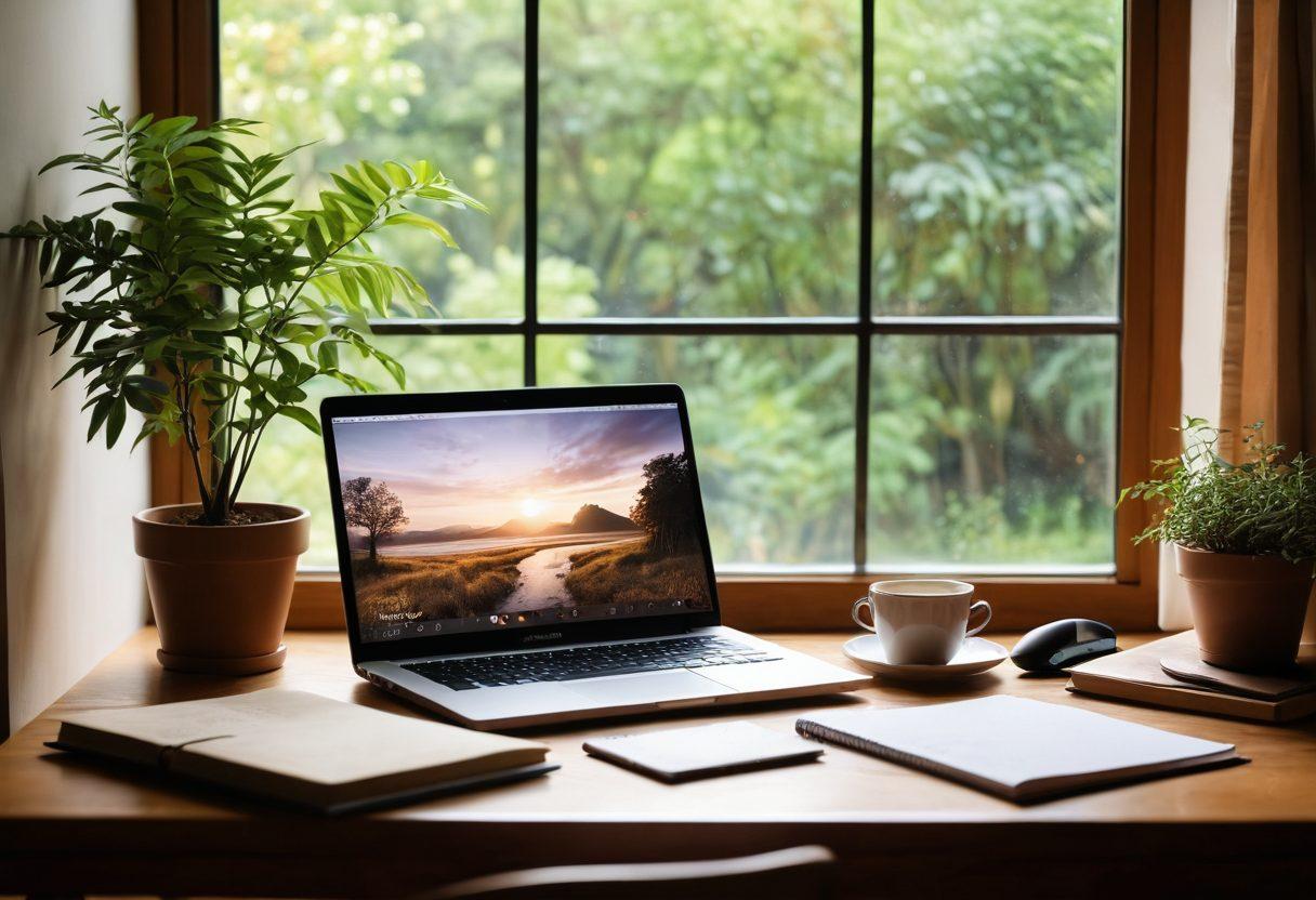 A serene workspace featuring an open laptop on a wooden desk surrounded by cozy elements like a warm cup of tea, a diary with a quill, and soft ambient lighting. The screen displays an abstract lock symbol blending into a digital landscape, symbolizing the secrets of private blogging. Add elements of nature, like potted plants or a window view with soft sunlight streaming in. soft-focus background, warm color palette, inviting atmosphere.